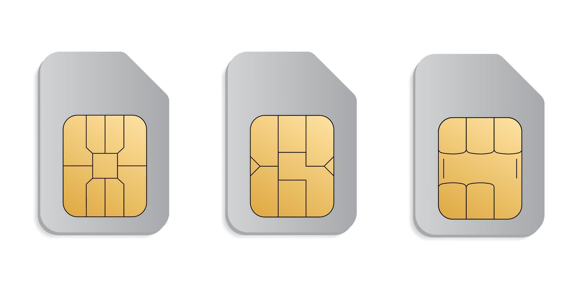 Set of sim cards. ID card mockup template. Realistic illustration for design. Mobile cellular phone. Sign, symbol, icon or logo isolated on background. EMV gold chip. Concept of technology. vector