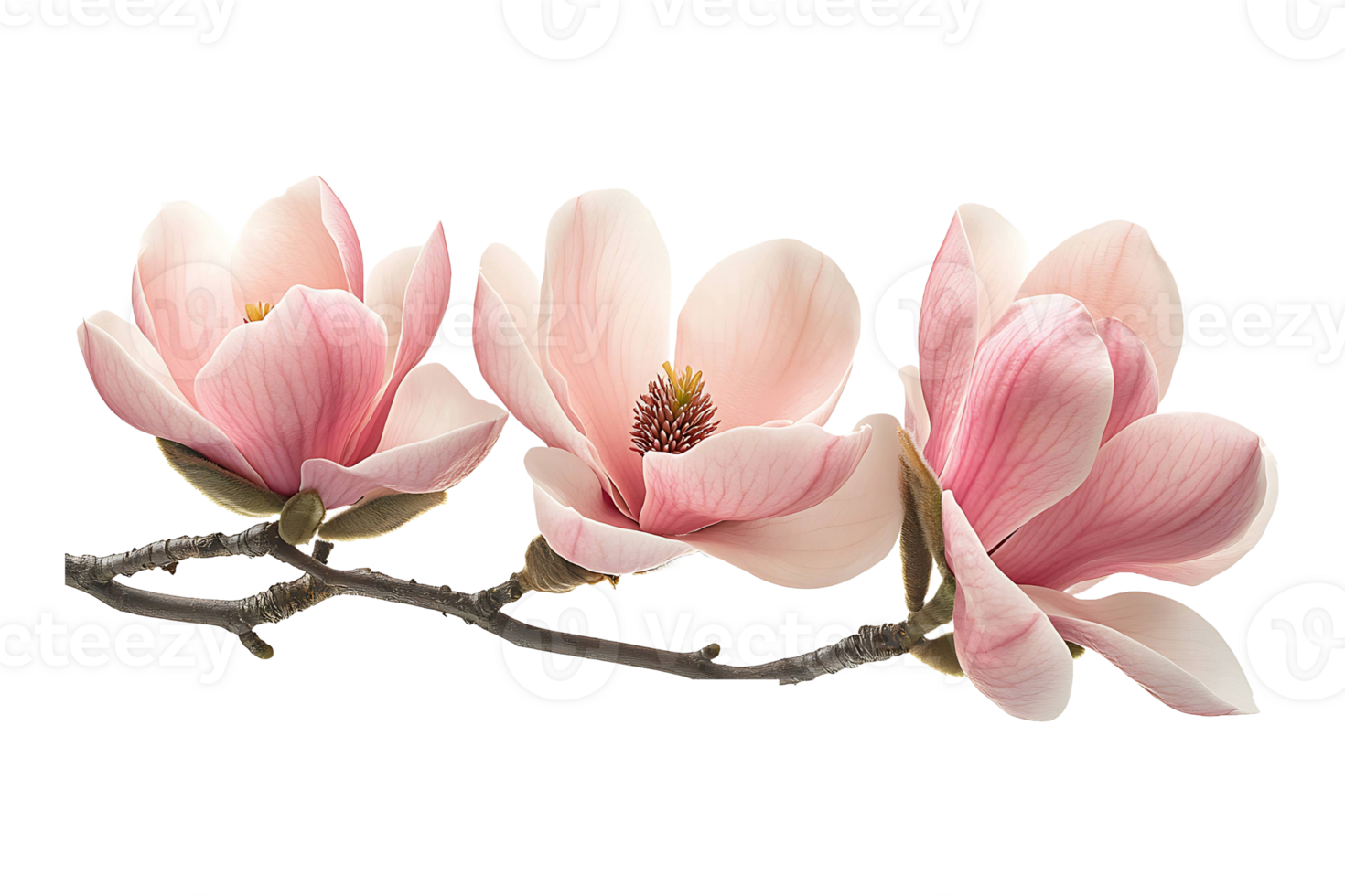 Pink magnolia flowers blossoming on a tree branch isolated on transparent background. png