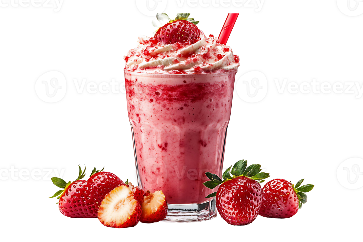 A strawberry milkshake with whipped cream and strawberries png