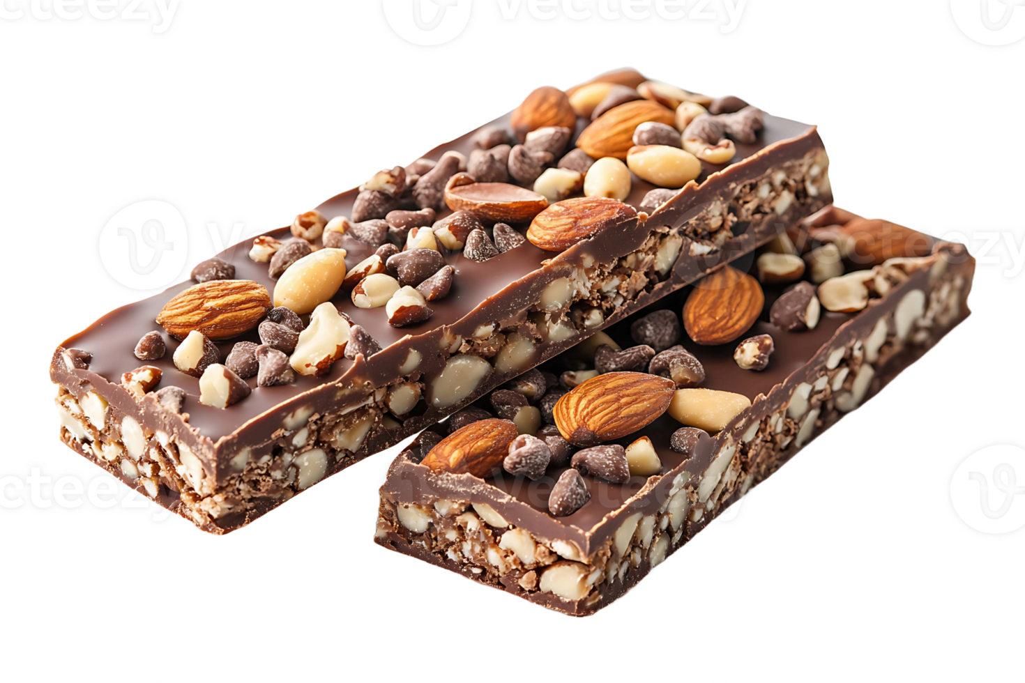 Sweet energy bars with nuts and seeds covered isolated on transparent background. png