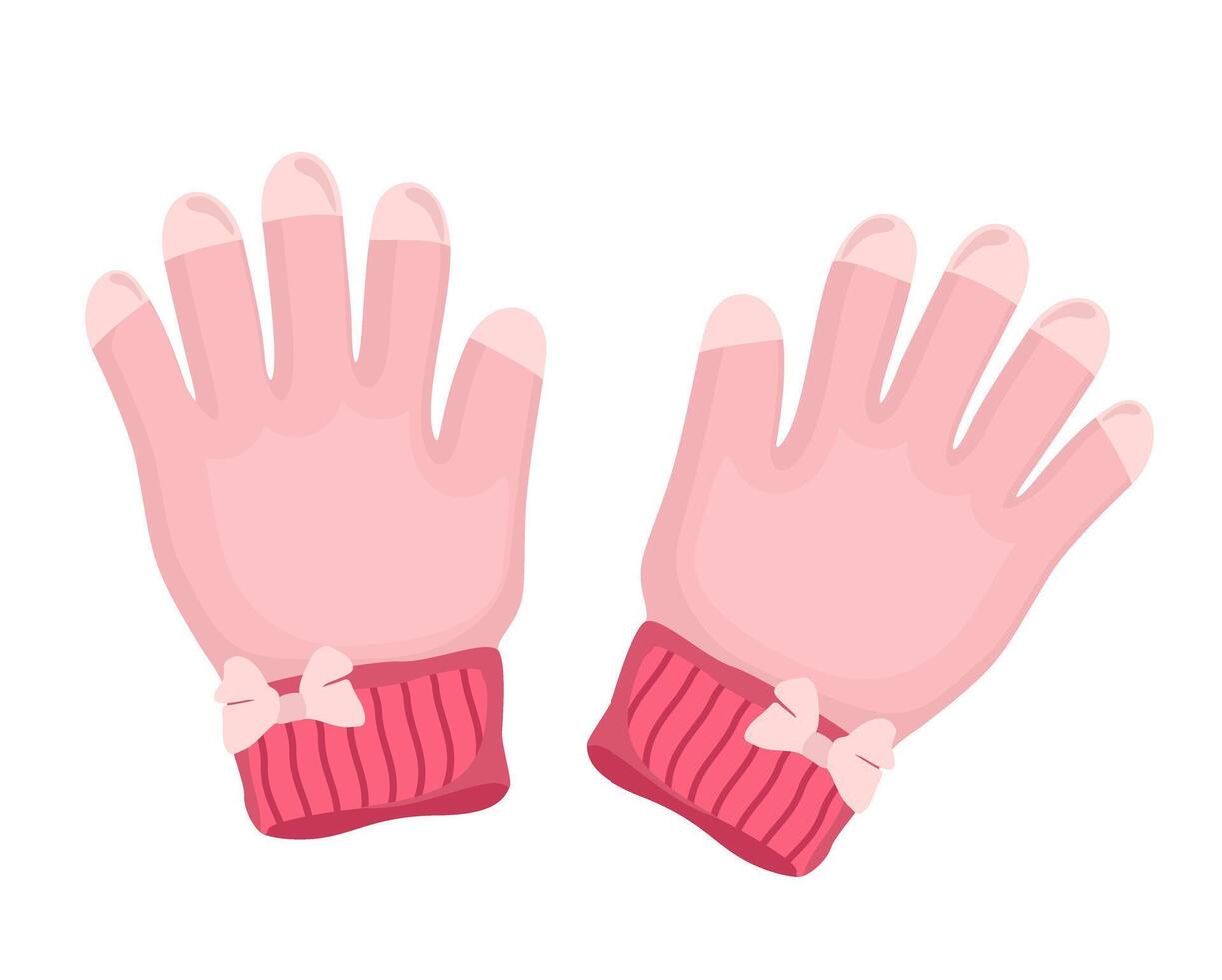Warm knitted pink gloves, cartoon style on a white background. Winter wool gloves vector