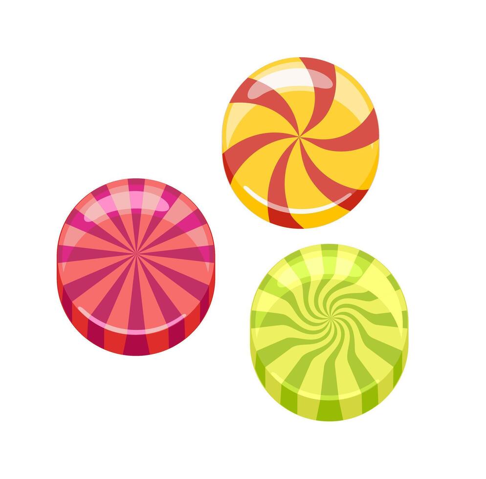 Round bright lollipops on a white background. Set of different sides sweet glossy candies, lollipops with swirl, stripes. illustration for card, party, flyer, poster, menu, banner, advertising vector
