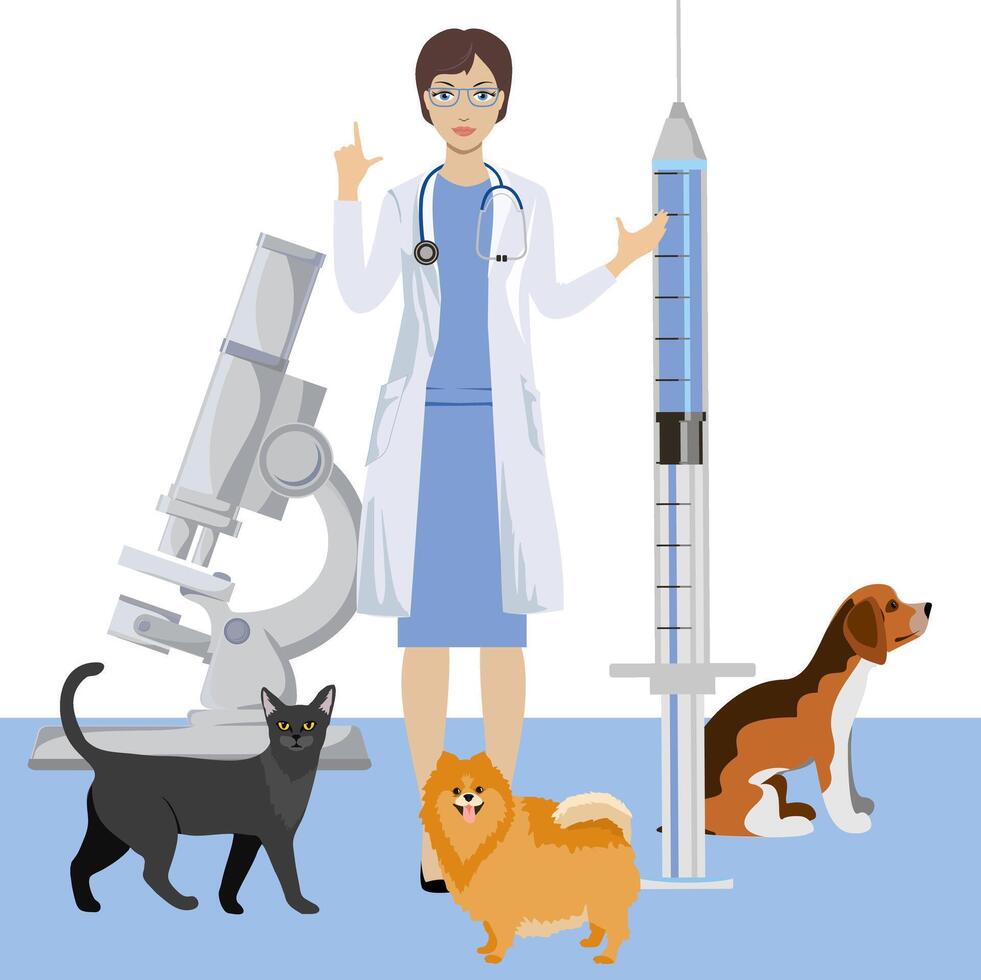 Pet veterinarian. Veterinary doctor checking and treating animals. Idea of pet care. Veterinarian dogs cat characters. vector
