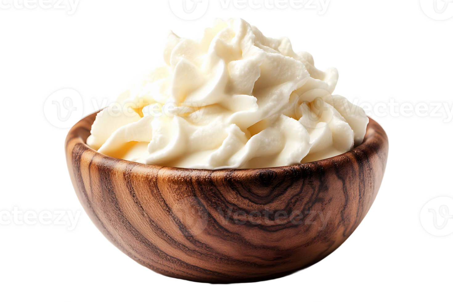 Sour cream in a wooden bowl isolated on transparent background. png