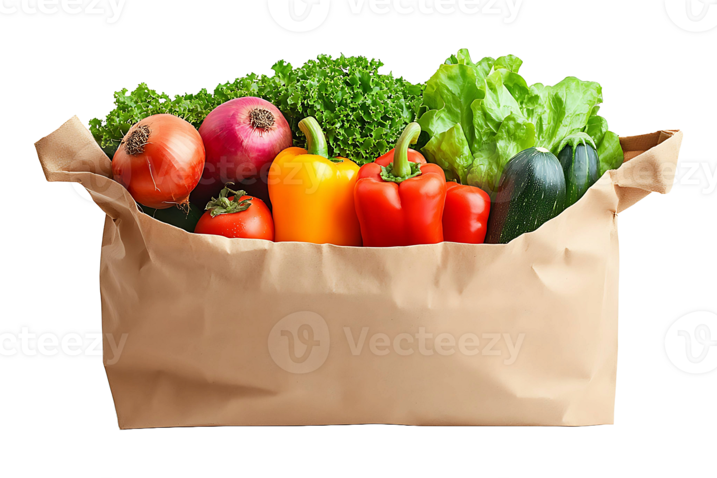 Paper shopping bag filled with vegetables isolated on transparent background. png