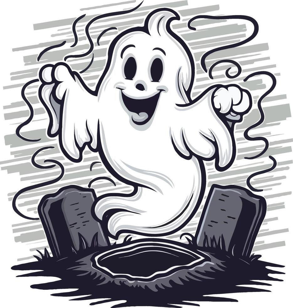 A cartoon ghost with a grave in the background vector