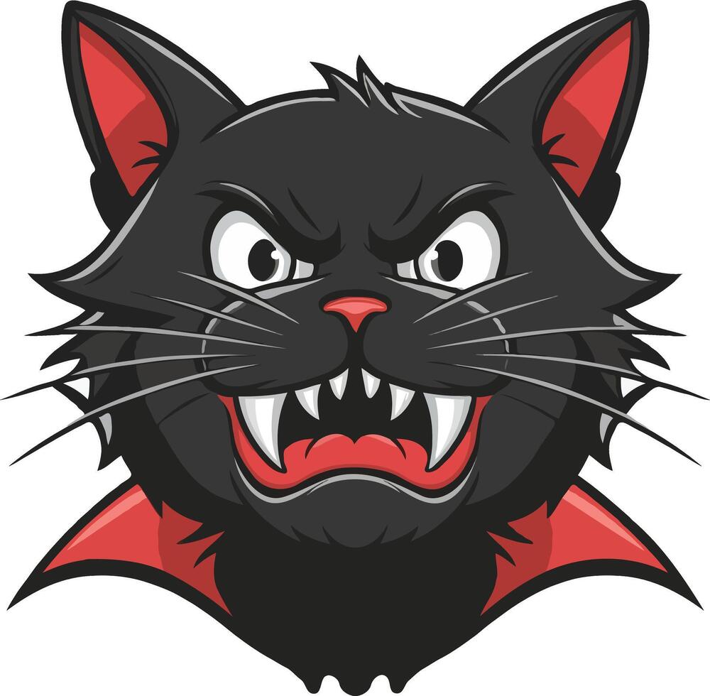 A cartoon black cat with fangs and red eyes vector