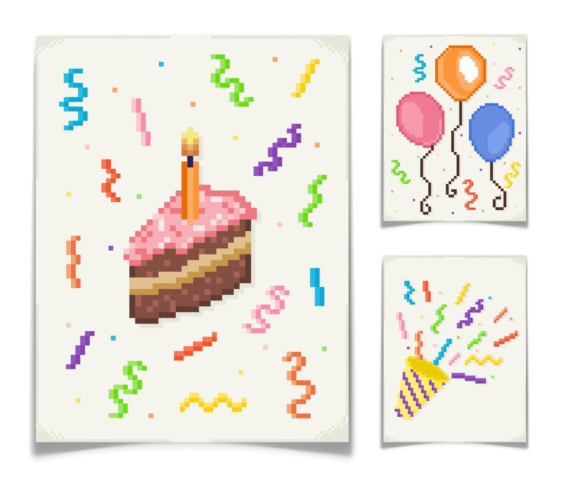 Pixel Art Birthday Postcard Set, 8-Bit Retro Style vector