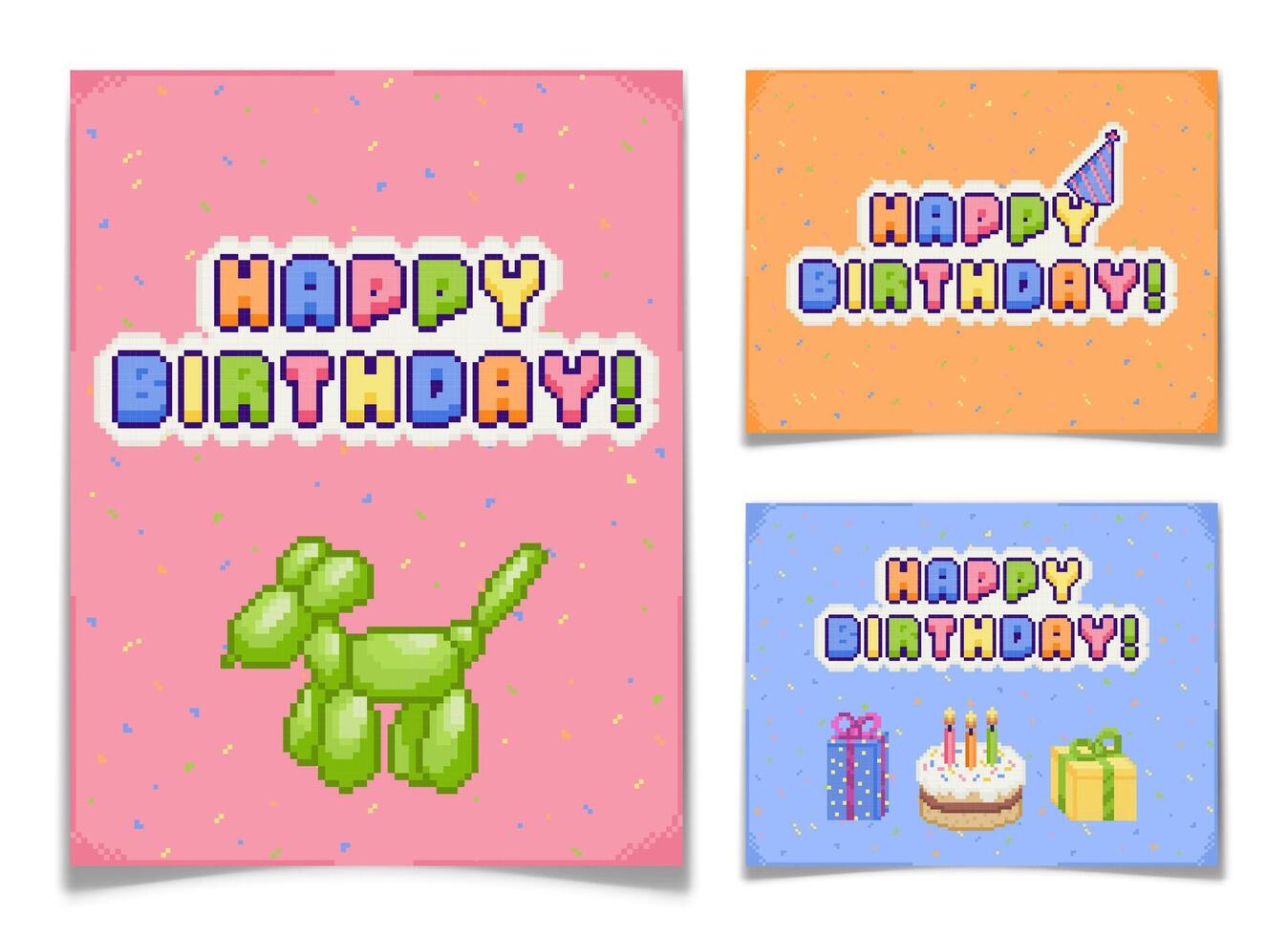 Pixel Art Birthday Cards Set, 8-Bit Collection vector