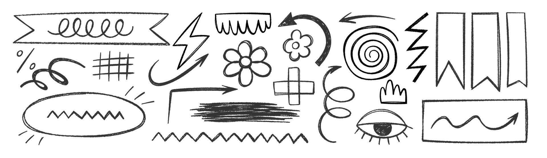 Set of hand drawn crayon or charcoal doodle shapes and squiggles. Grunge flowers, frame and label. Comic illustration. vector