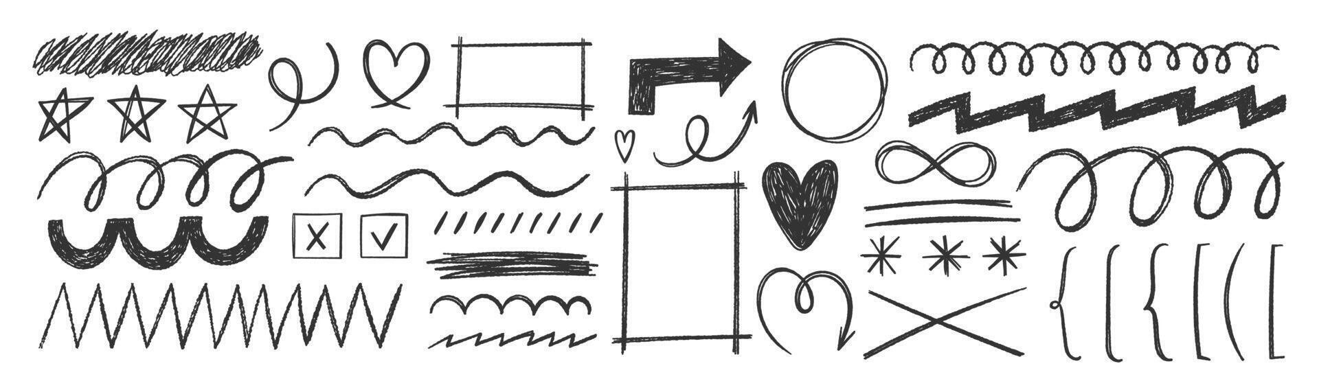Set of hand drawn crayon or charcoal arrows and squiggles. Grunge underline and frame. Comic illustration. vector