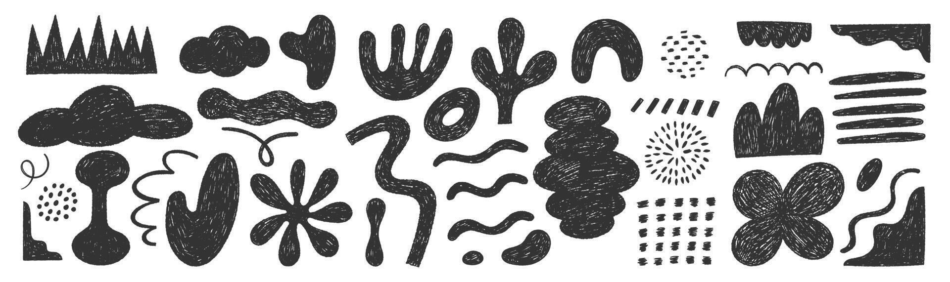 Set of hand drawn crayon or charcoal organic shape. Grunge illustration. vector