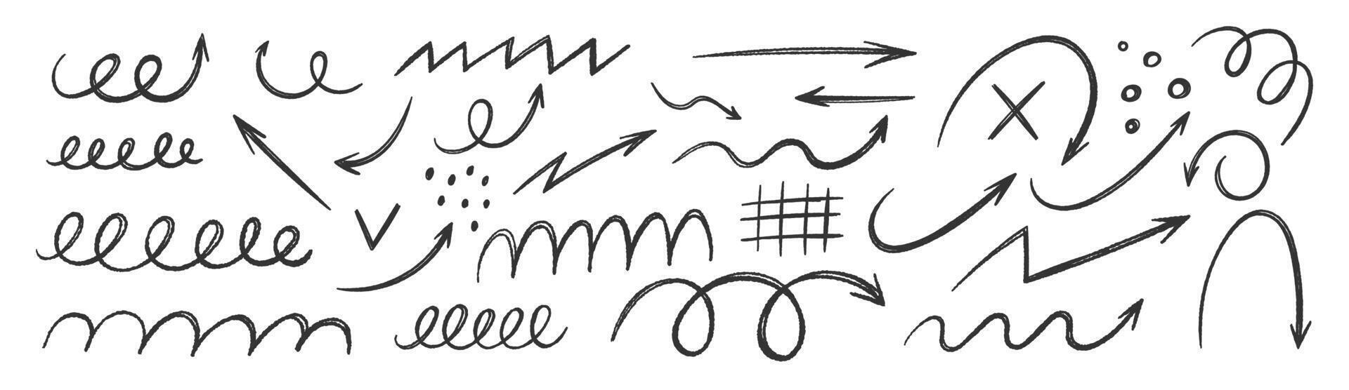 Set of hand drawn crayon or charcoal arrows and squiggles. Grunge scribble and mark. Comic illustration. vector