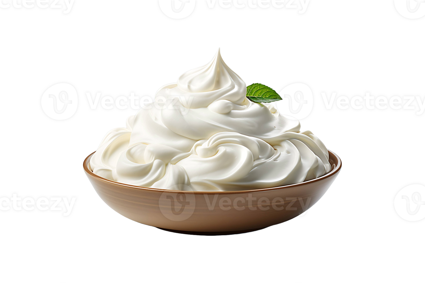 A bowl of whipped cream with a leaf on top png