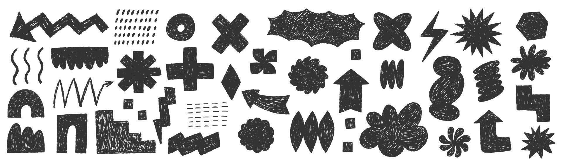 Set of hand drawn crayon or charcoal funky shape. Flower, star, cross, arrow with chalk texture. Grunge illustration. vector