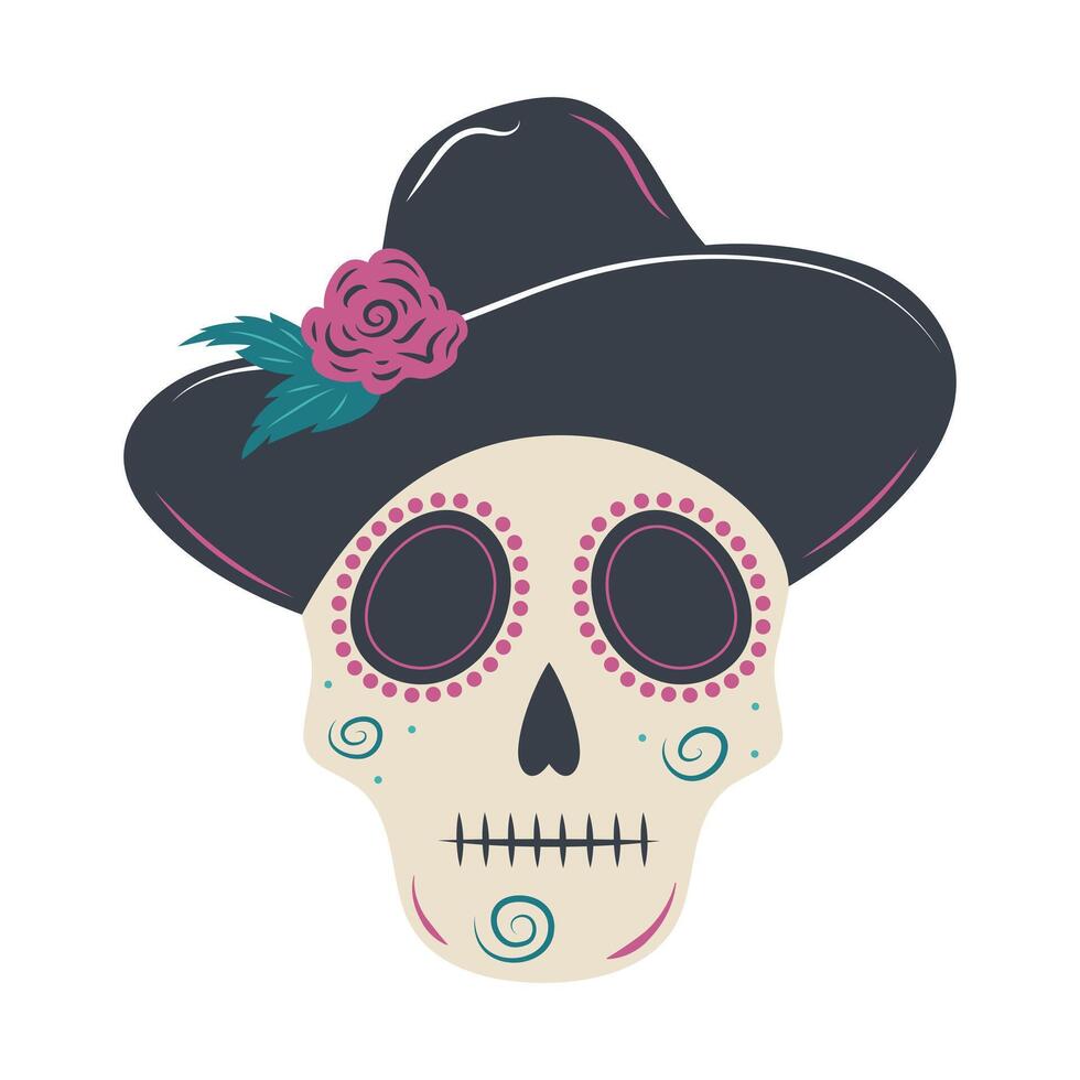 Halloween skull in hat. Mexican skeleton isolated on white background. Day of the dead. Dia muertos dead spooky skull. vector