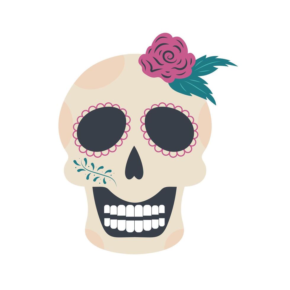 Halloween skull with rose. Mexican skeleton isolated on white background. Day of the dead. Dia muertos dead spooky skull. vector
