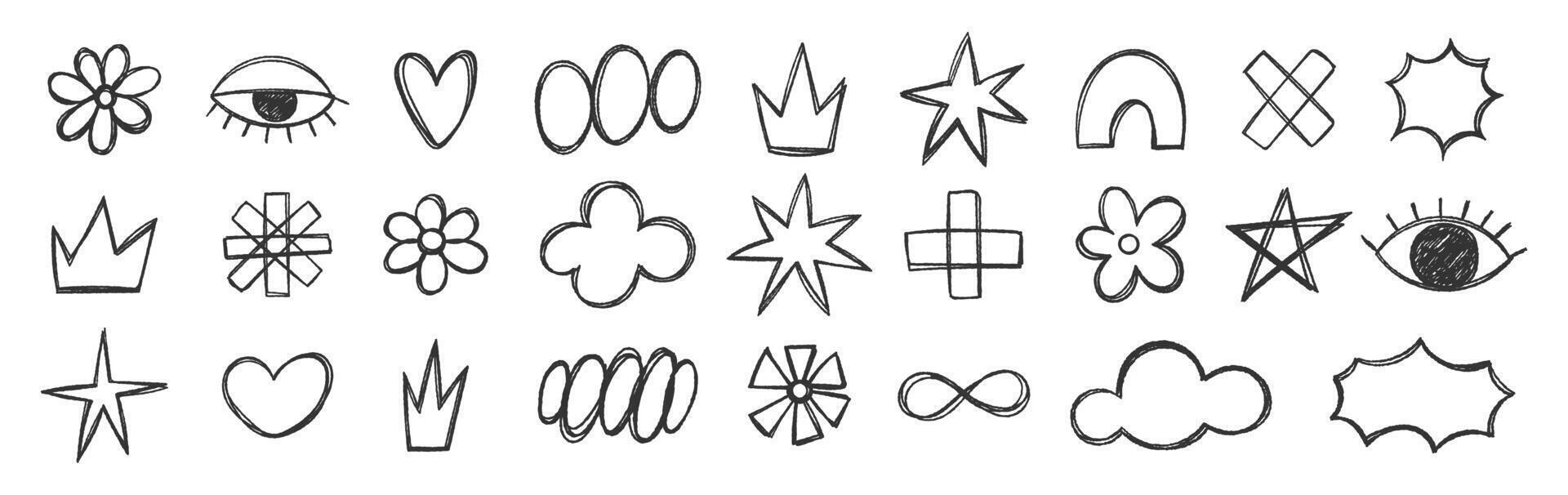 Set of hand drawn crayon or charcoal doodle shapes and squiggles. Grunge flowers, heart, eye and star. Comic illustration. vector