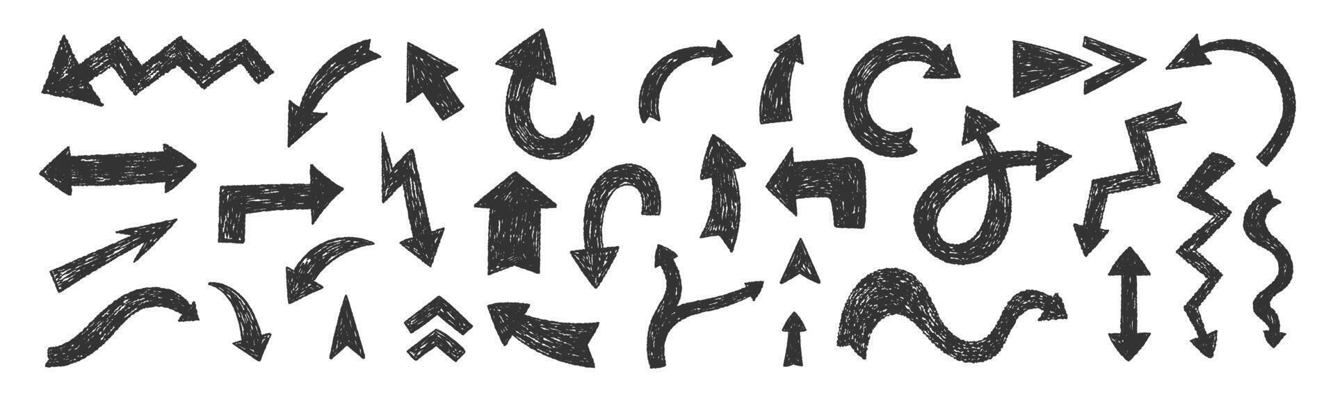 Set of hand drawn crayon or charcoal arrows. Grunge illustration. vector