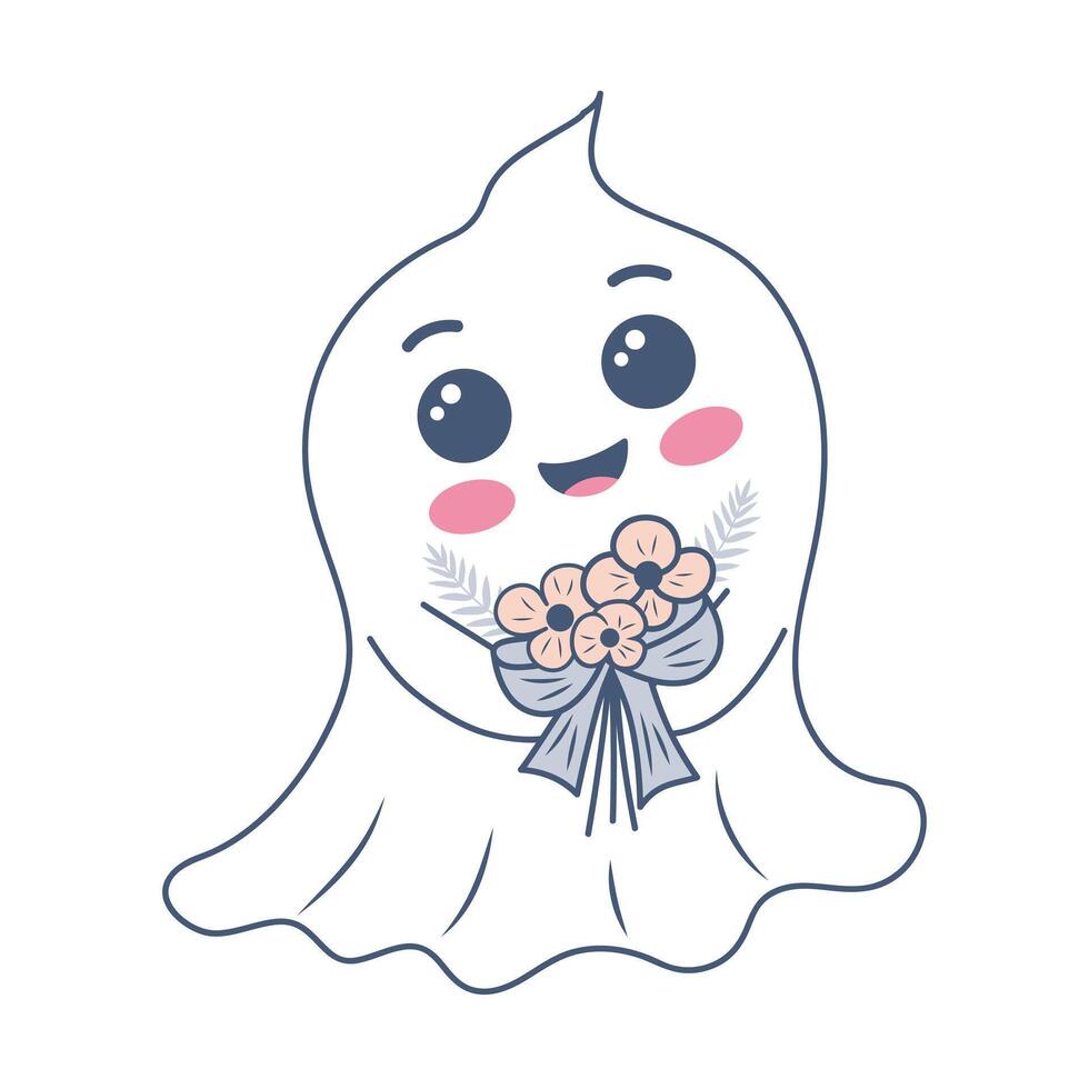 Halloween ghost in cute kawaii style. Funny spirit with bouquet of flowers isolated on white background. vector