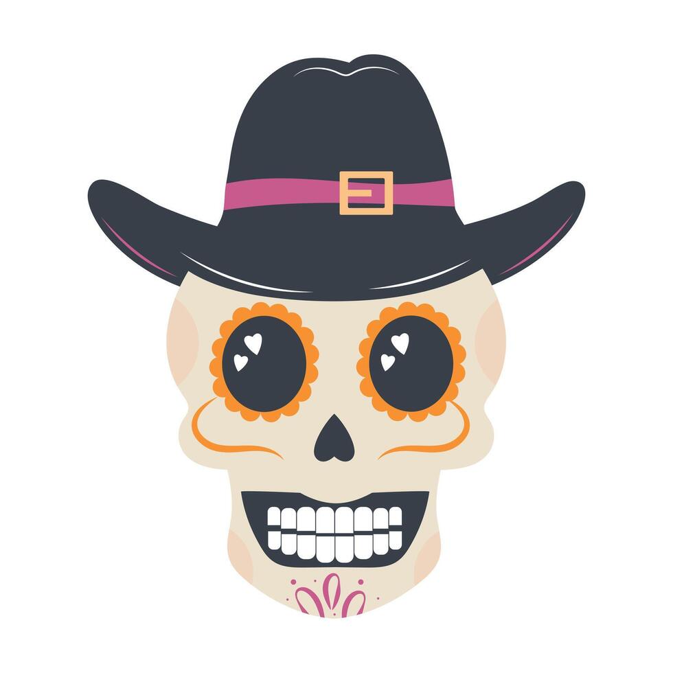 Halloween skull in hat. Mexican skeleton isolated on white background. Day of the dead. Dia muertos dead spooky skull. vector