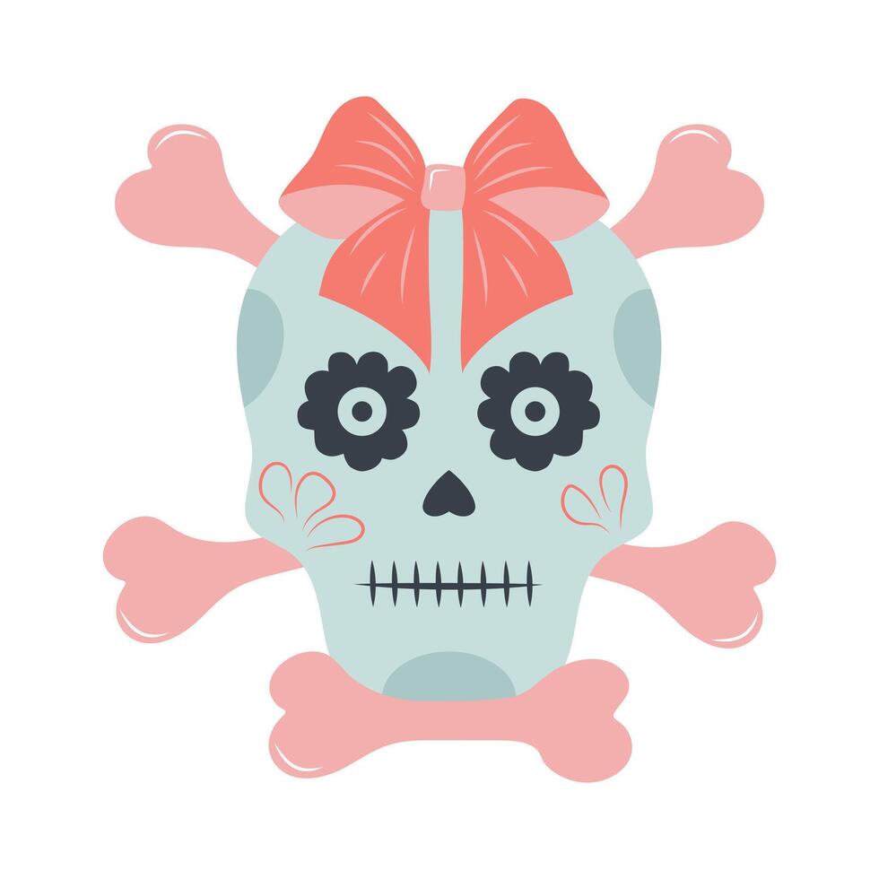 Halloween skull with bones and bow. Cute Mexican skeleton isolated on white background. Day of the dead. Dia muertos dead spooky skull. vector