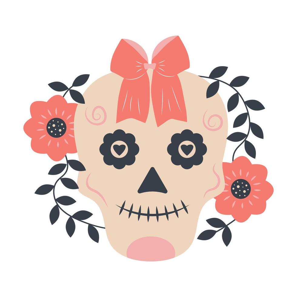 Halloween skull with bow and flowers. Cute Mexican skeleton isolated on white background. Day of the dead. Dia muertos dead spooky skull. vector