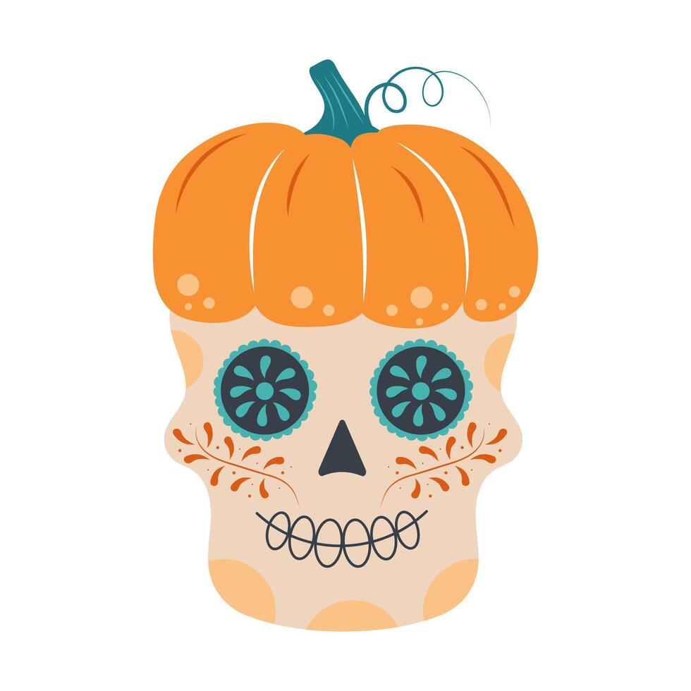 Halloween skull with pumpkin as hat. Mexican skeleton isolated on white background. Day of the dead. Dia muertos dead spooky skull. vector