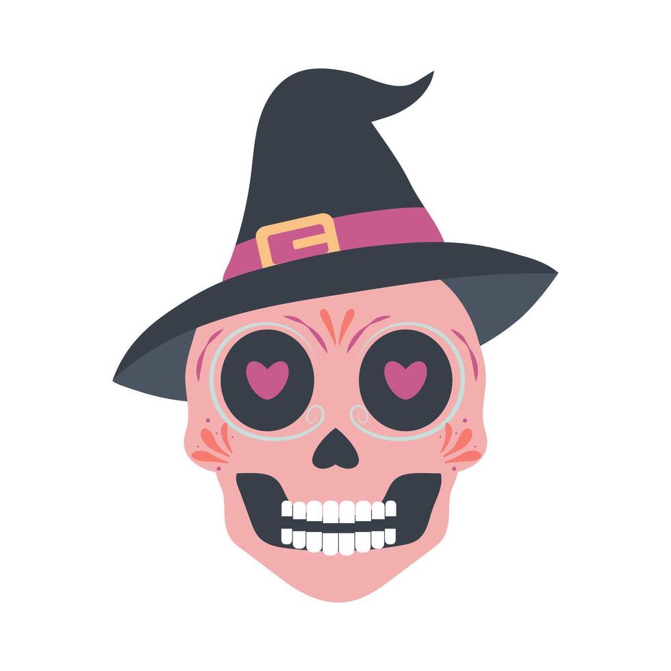 Halloween skull in hat. Mexican skeleton isolated on white background. Day of the dead. Dia muertos dead spooky skull. vector