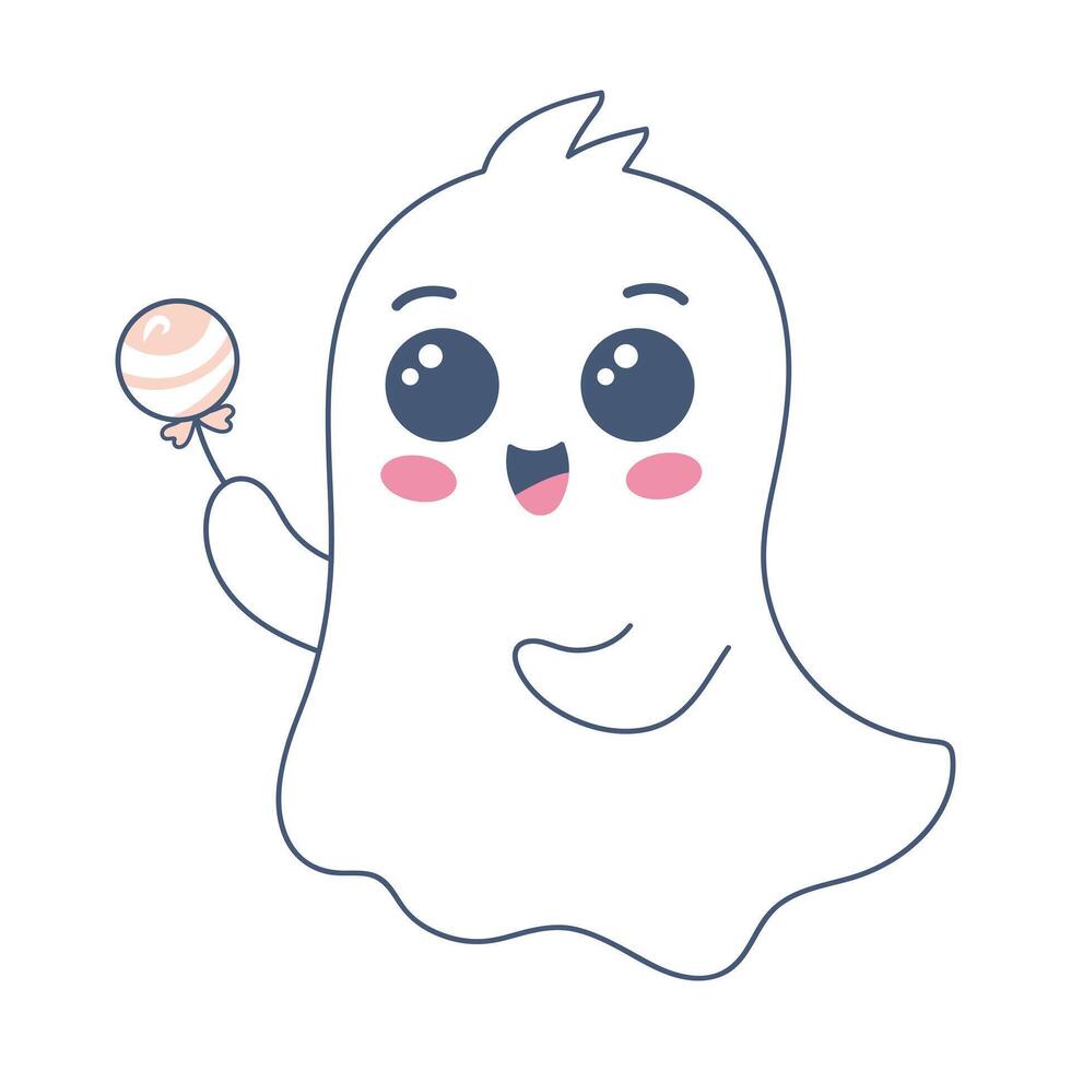 Halloween ghost in cute kawaii style. Funny spirit with lollipop isolated on white background. vector