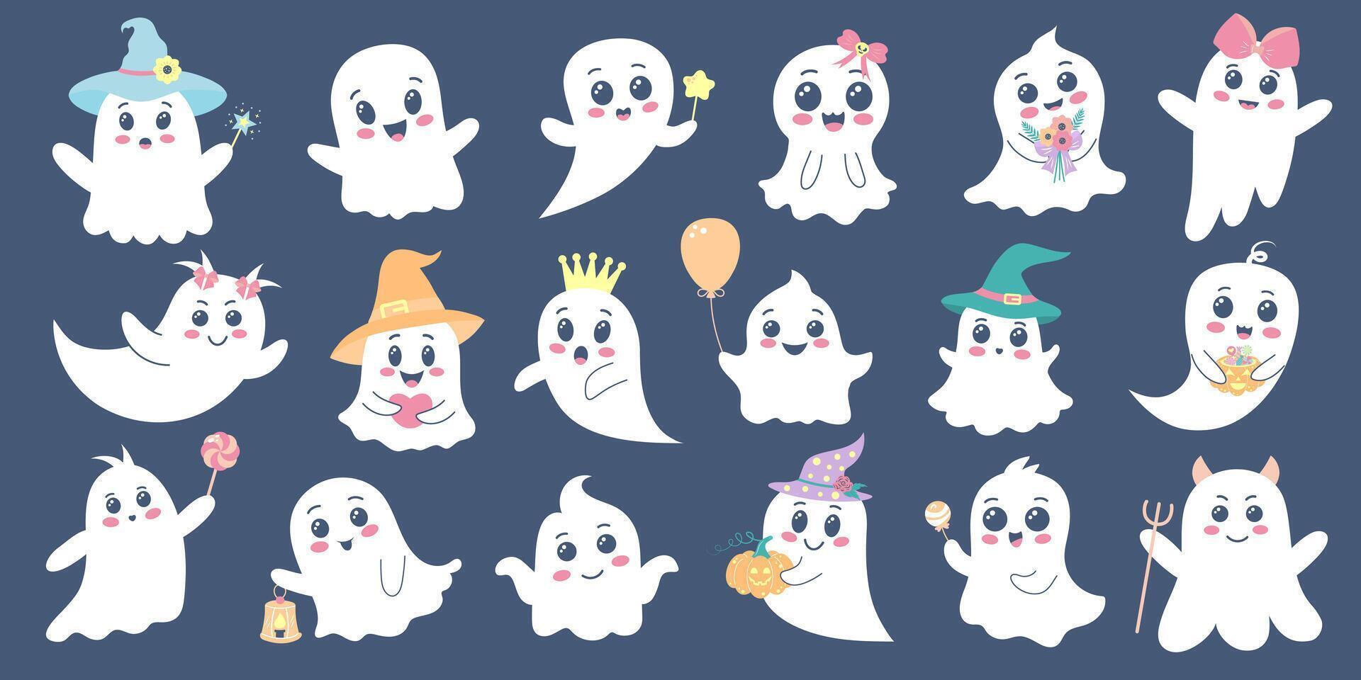 linda fantasma colocar. Víspera de Todos los Santos bebé caracteres. magia de miedo espíritu. dibujos animados ilustración. vector