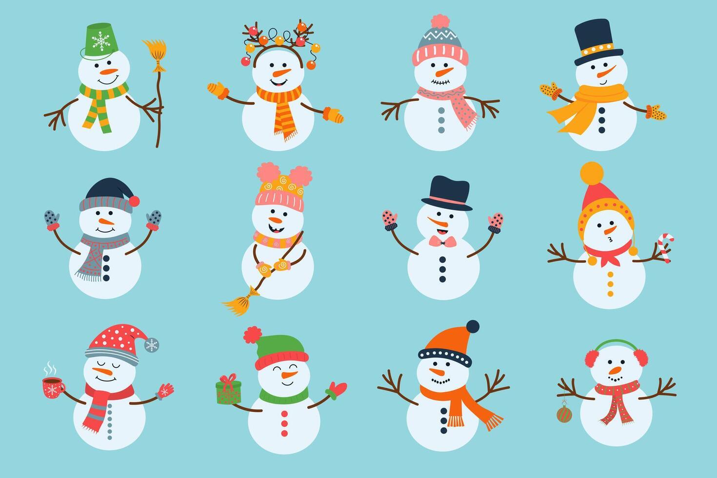 Set of christmas snowman isolated on blue background. Cute winter characters in scarf and hat. Nursery art style. vector