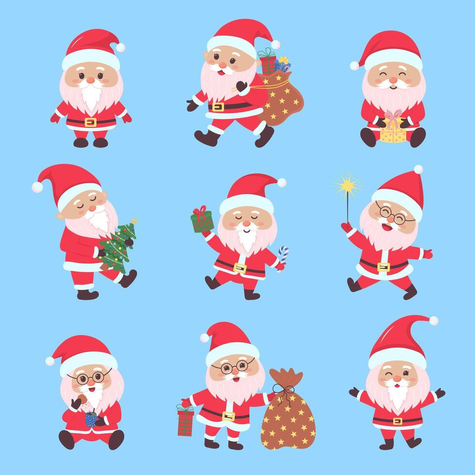 Santa Claus characters set. Cute cartoon Santa claus with beard in xmas costume with different poses. Christmas and new year concept. vector