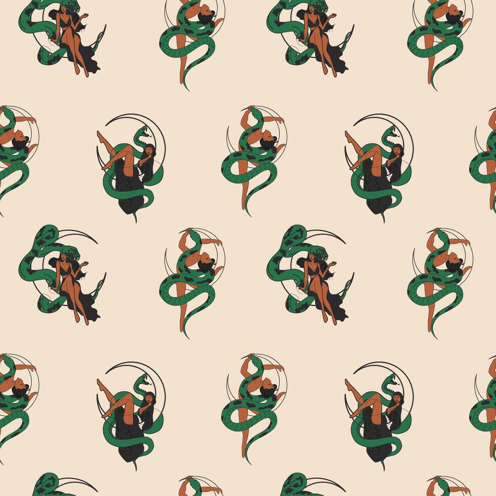 Seamless pattern with women with a snake wrapped around her body. Moon. Cute ladies. Retro style. vector
