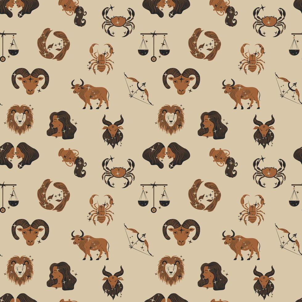 Seamless pattern with Zodiac signs icons. Horoscope. Modern magic Astrological symbol vector