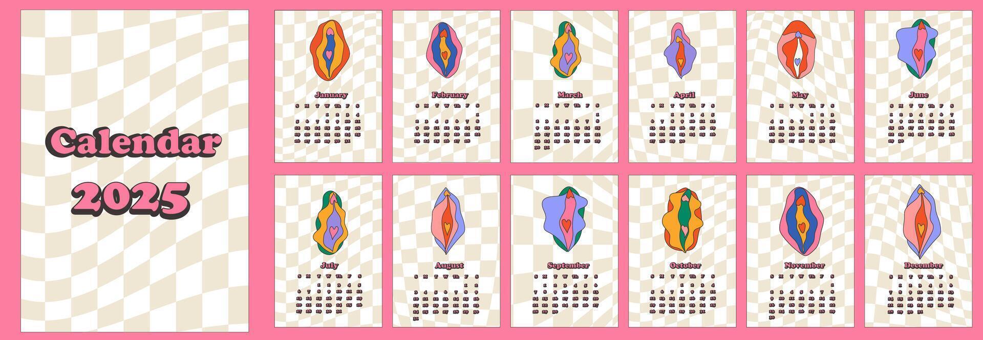 2025 calendar with Beauty female reproductive system. Vulva. Calendar planner minimal style, annual organizer. vector