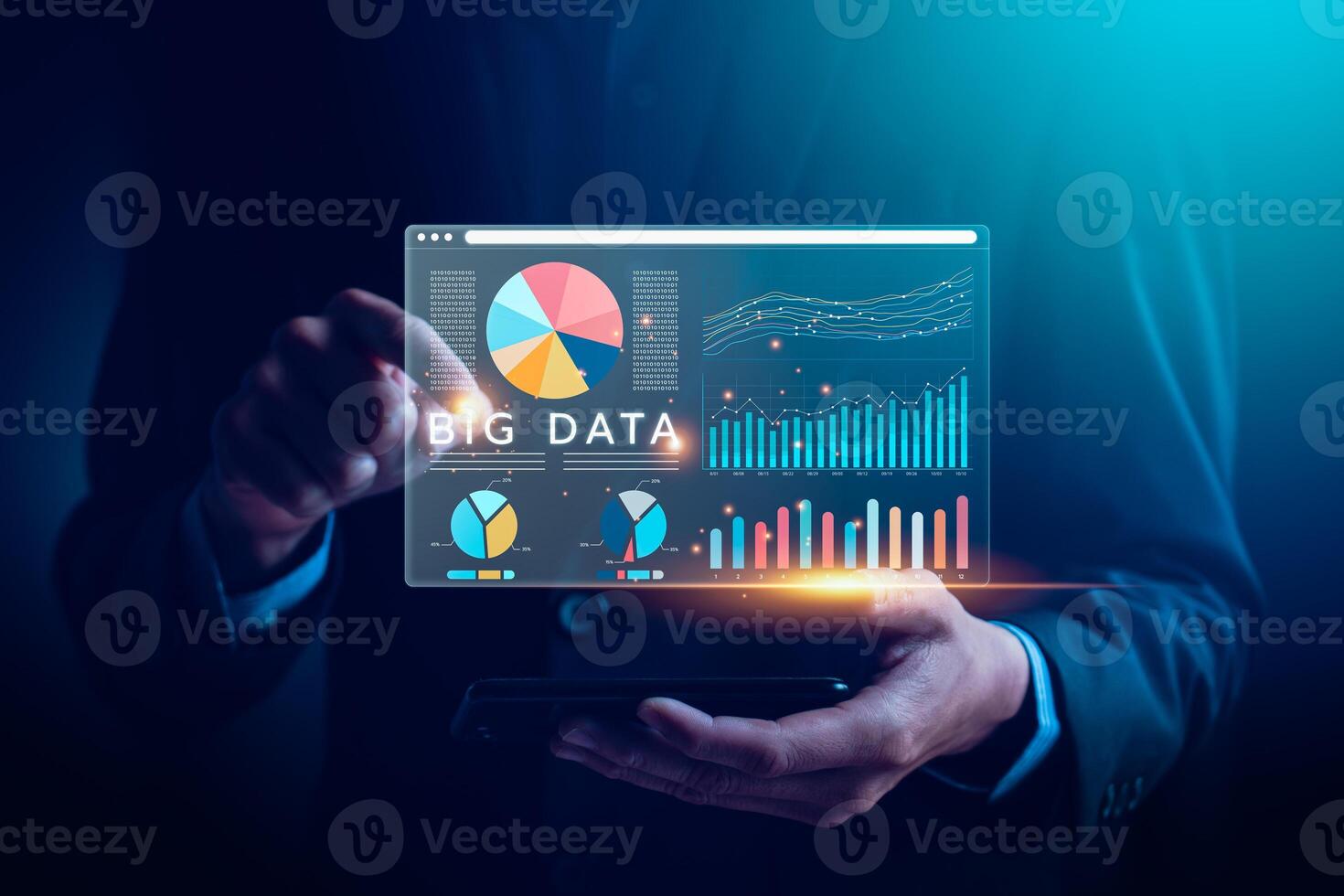Businessman Analyzing Big Data Analytics on Virtual Screen with Graphs and Charts, Representing Data Science, Technology, and Business Intelligence Solutions for Decision Making, Performance Insights photo