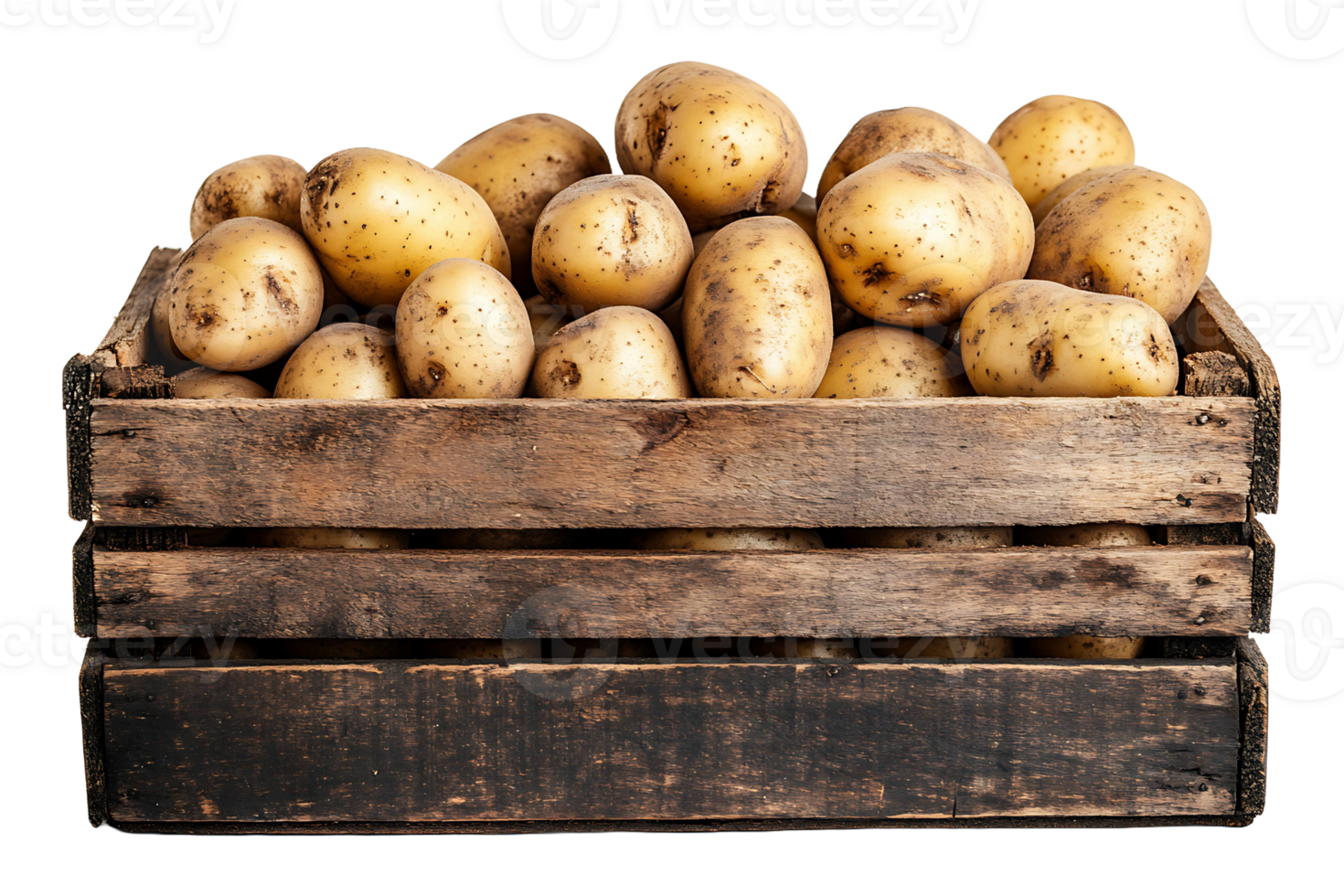 Potatoes in a wooden box isolated on transparent background png