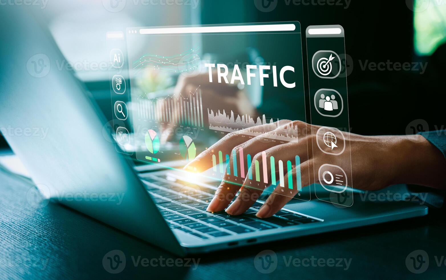 Advanced Digital Traffic Analysis, Business Professional Utilizing Cutting-Edge Technology and AI to Enhance Website Performance and User Engagement Through Detailed Data Insights, Strategic Planning photo