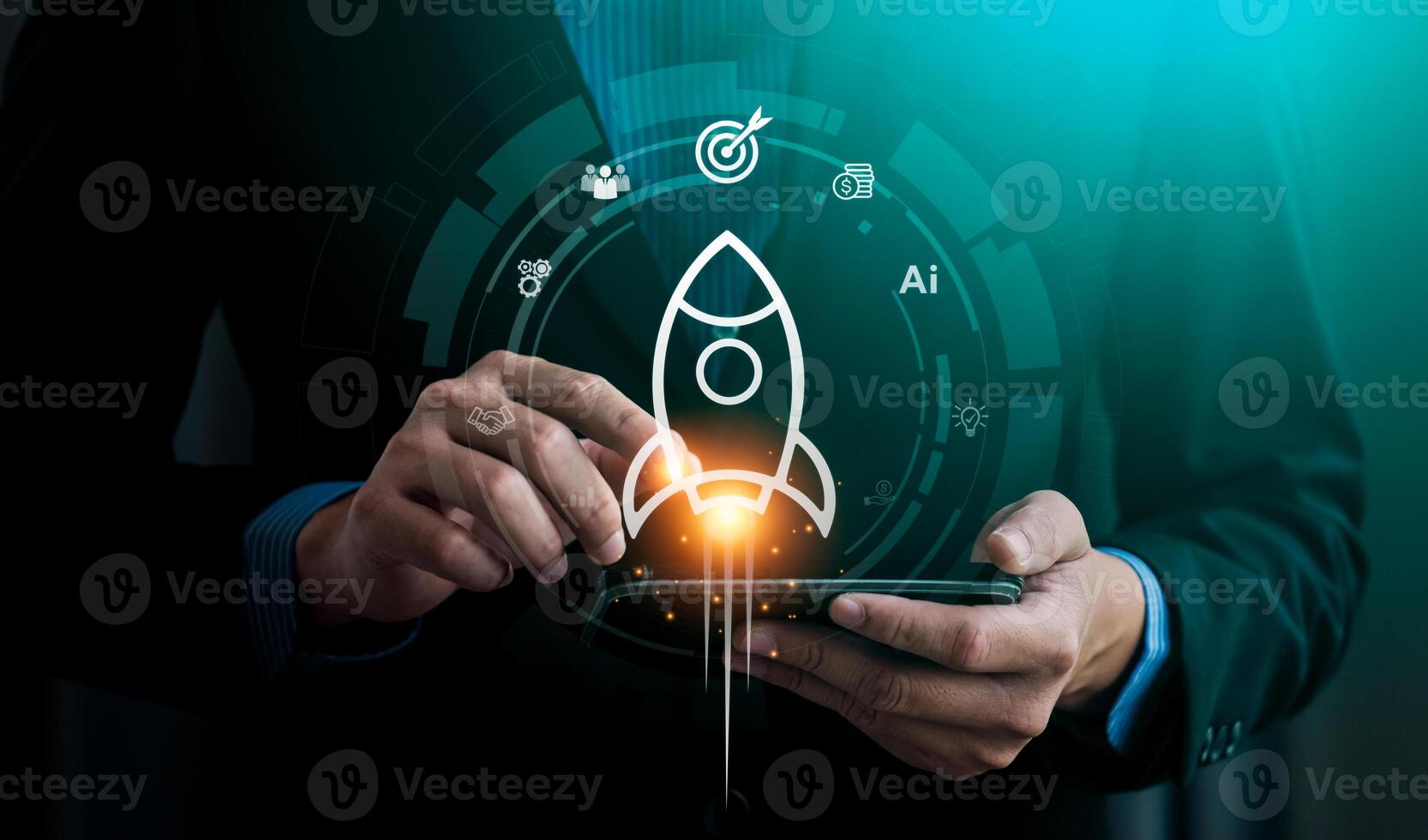 Businessman Launching AI-Powered Startup with Digital Interface, Emphasizing Technological Advancement and Entrepreneurial Success, Global tech startup innovates to connect photo