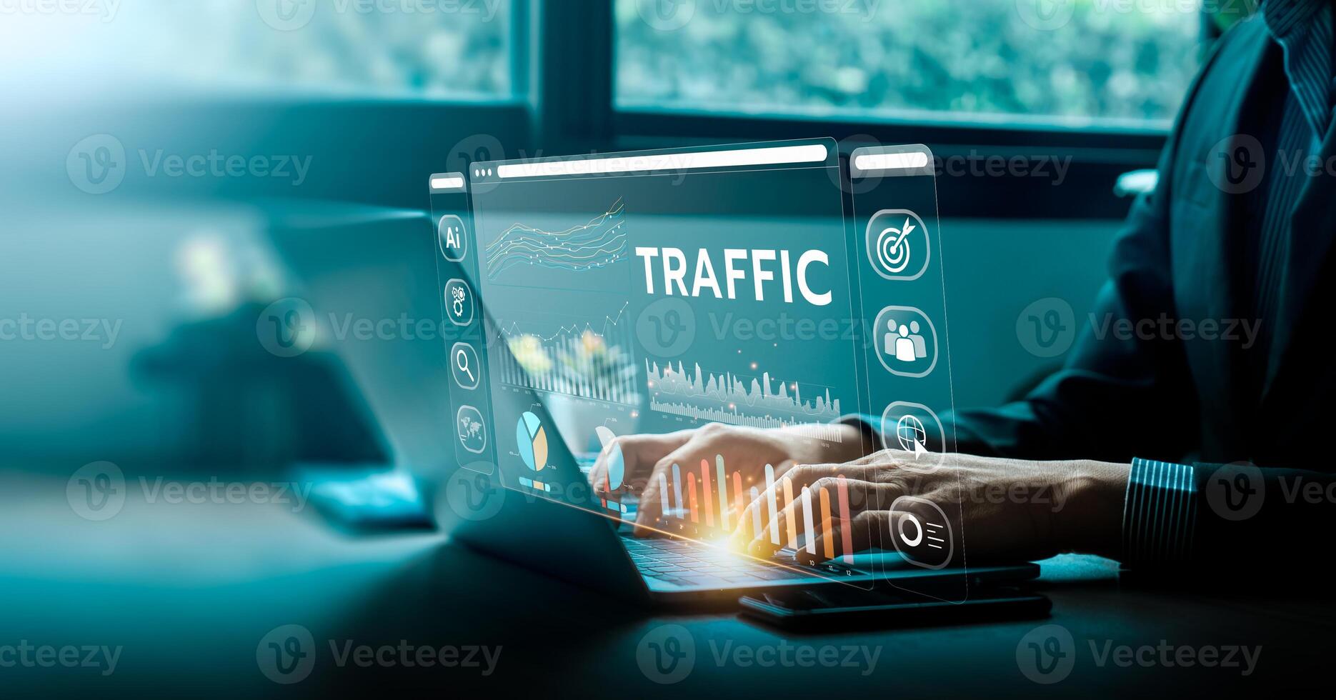 Advanced Digital Traffic Analysis, Business Professional Utilizing Cutting-Edge Technology and AI to Enhance Website Performance and User Engagement Through Detailed Data Insights, Strategic Planning photo