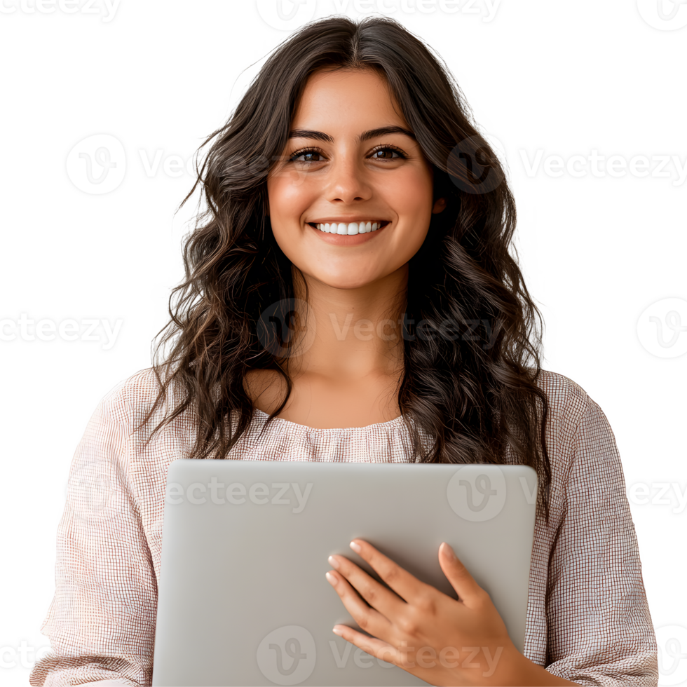 A woman holding a laptop and smiling png