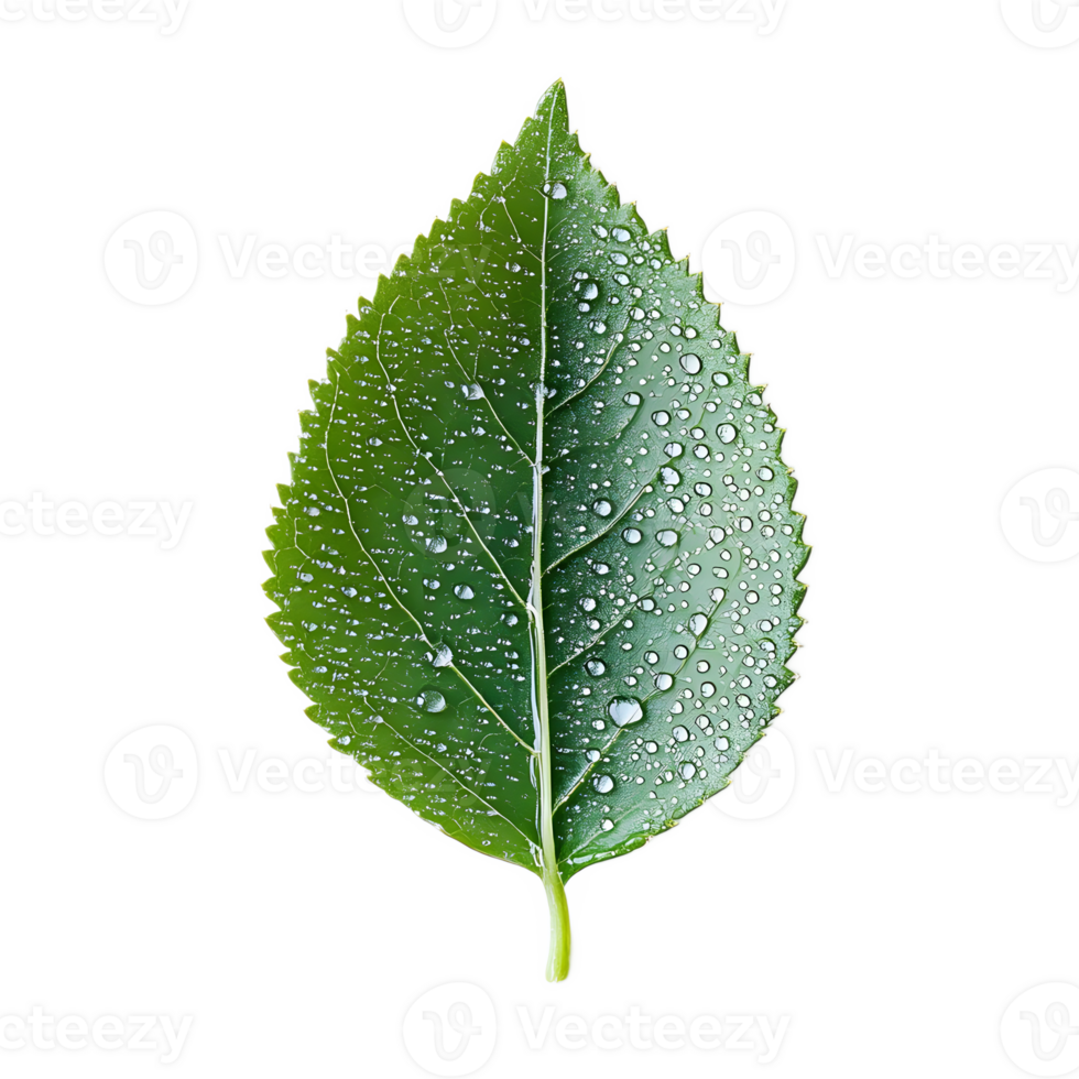 A green leaf with water droplets on it png