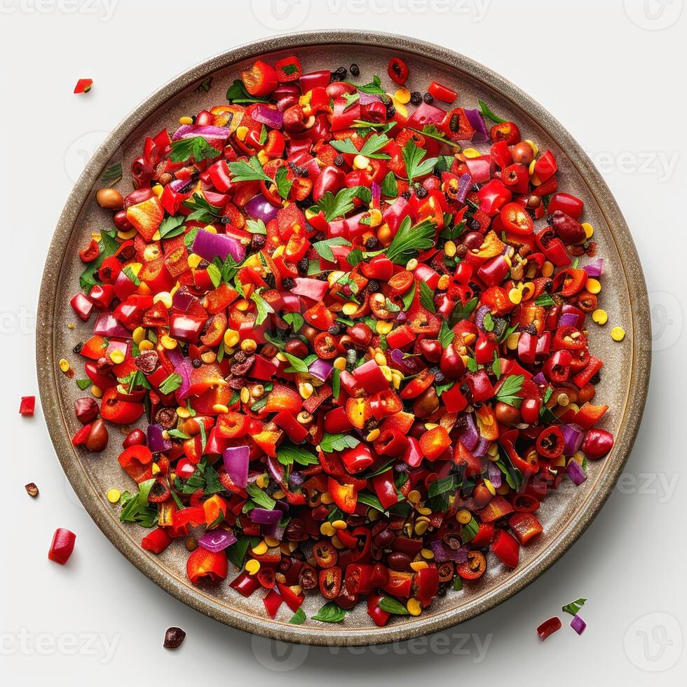 Photo of a red chilli salad plate with white background