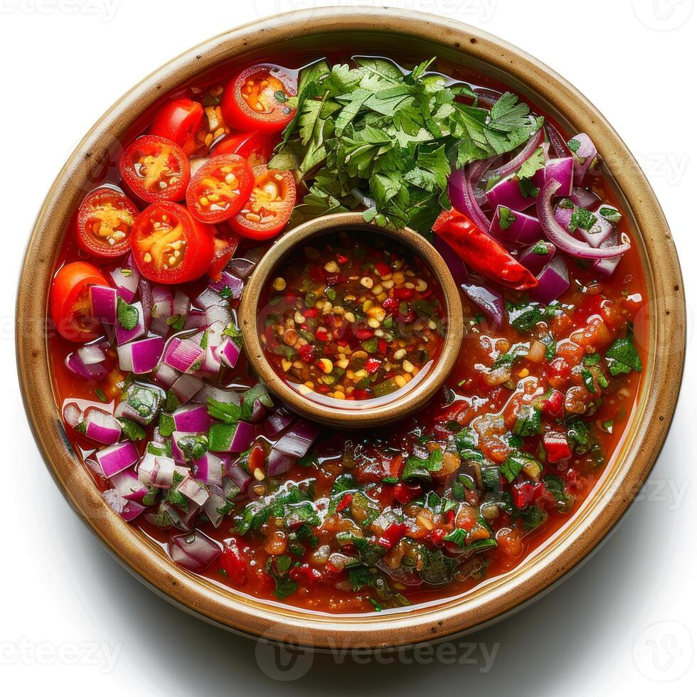 Photo of a red chilli salad plate with white background