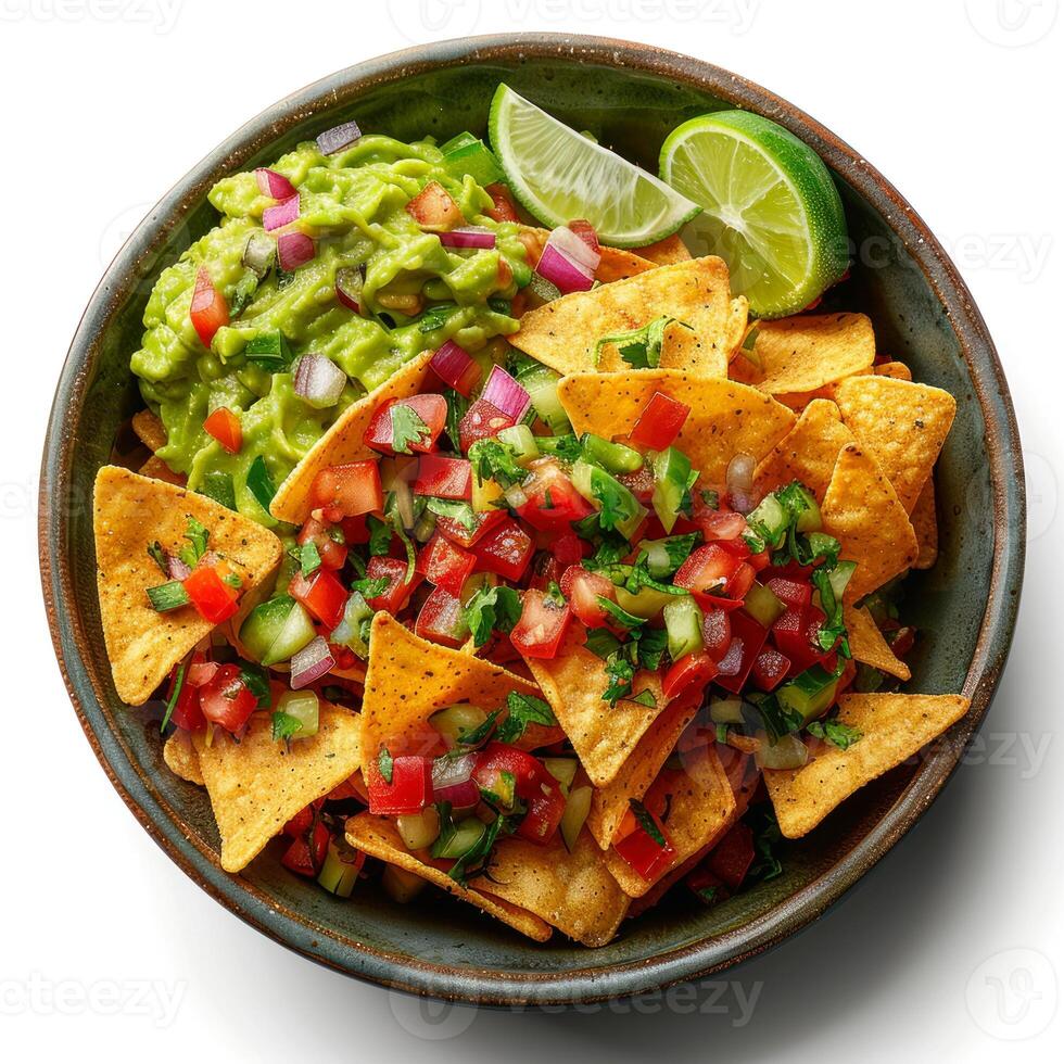 Photo of a chips and queso plate with white background