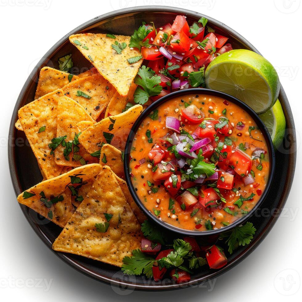 Photo of a chips and queso plate with white background