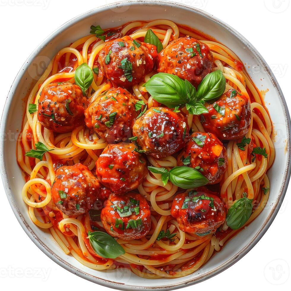 Photo of a spaghetti and meatballs with white background