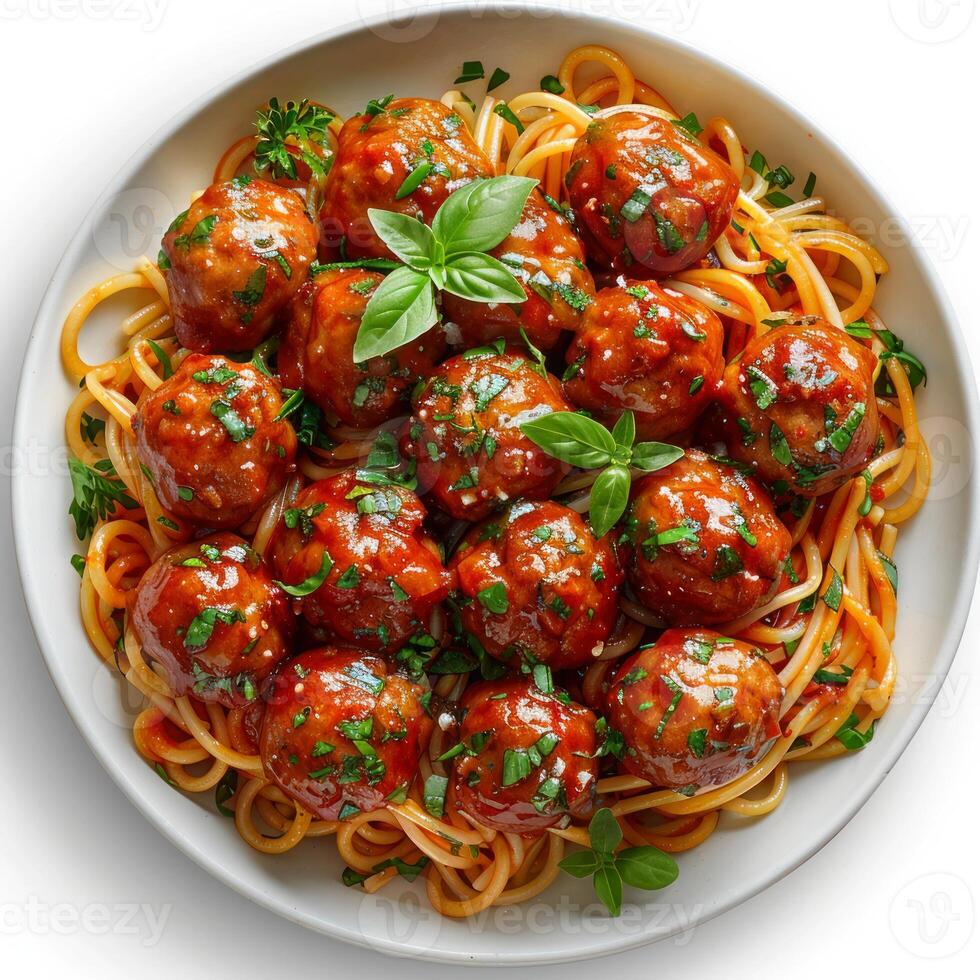 Photo of a spaghetti and meatballs with white background