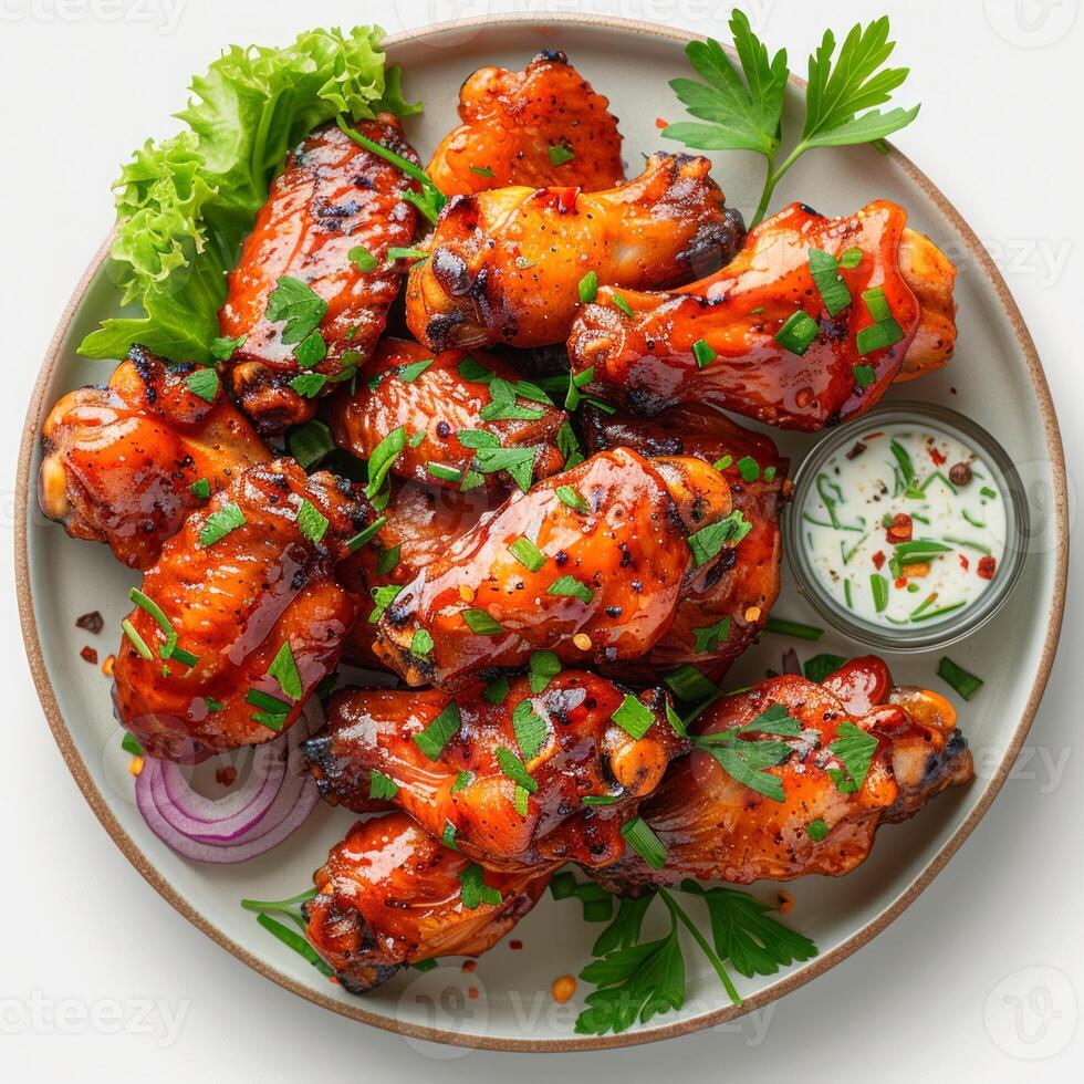 Photo of a chicken wings plate with white background